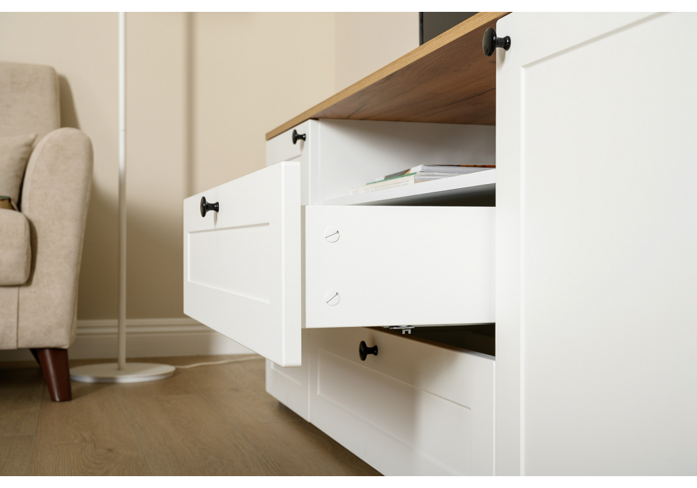 фото тв-тумба woodville опра белый шагрень / дуб золотой craft 676802 | 220svet.ru