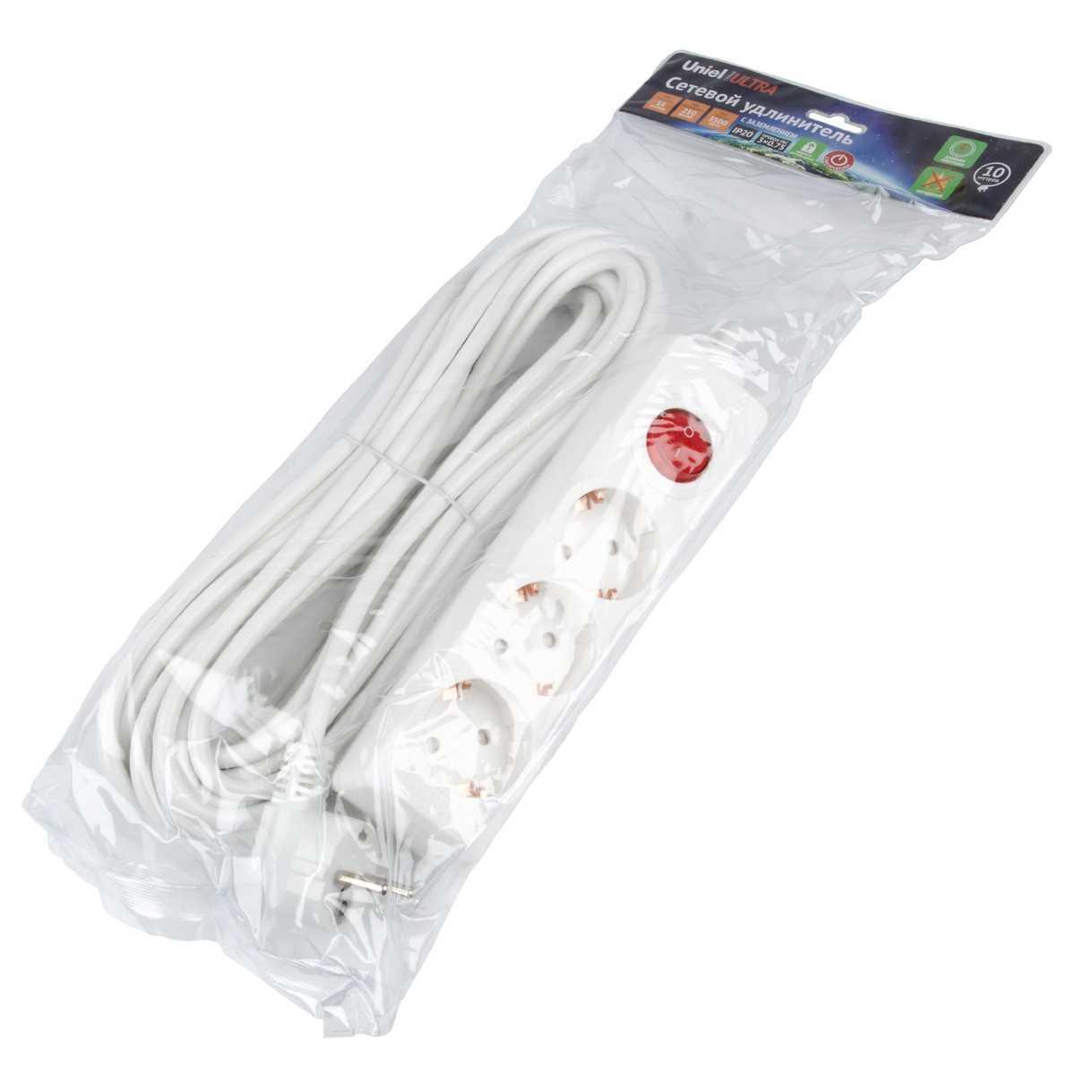 фото удлинитель uniel ultra 3гн х 10м с/з s-gcu3-10b white ul-00010014 | 220svet.ru