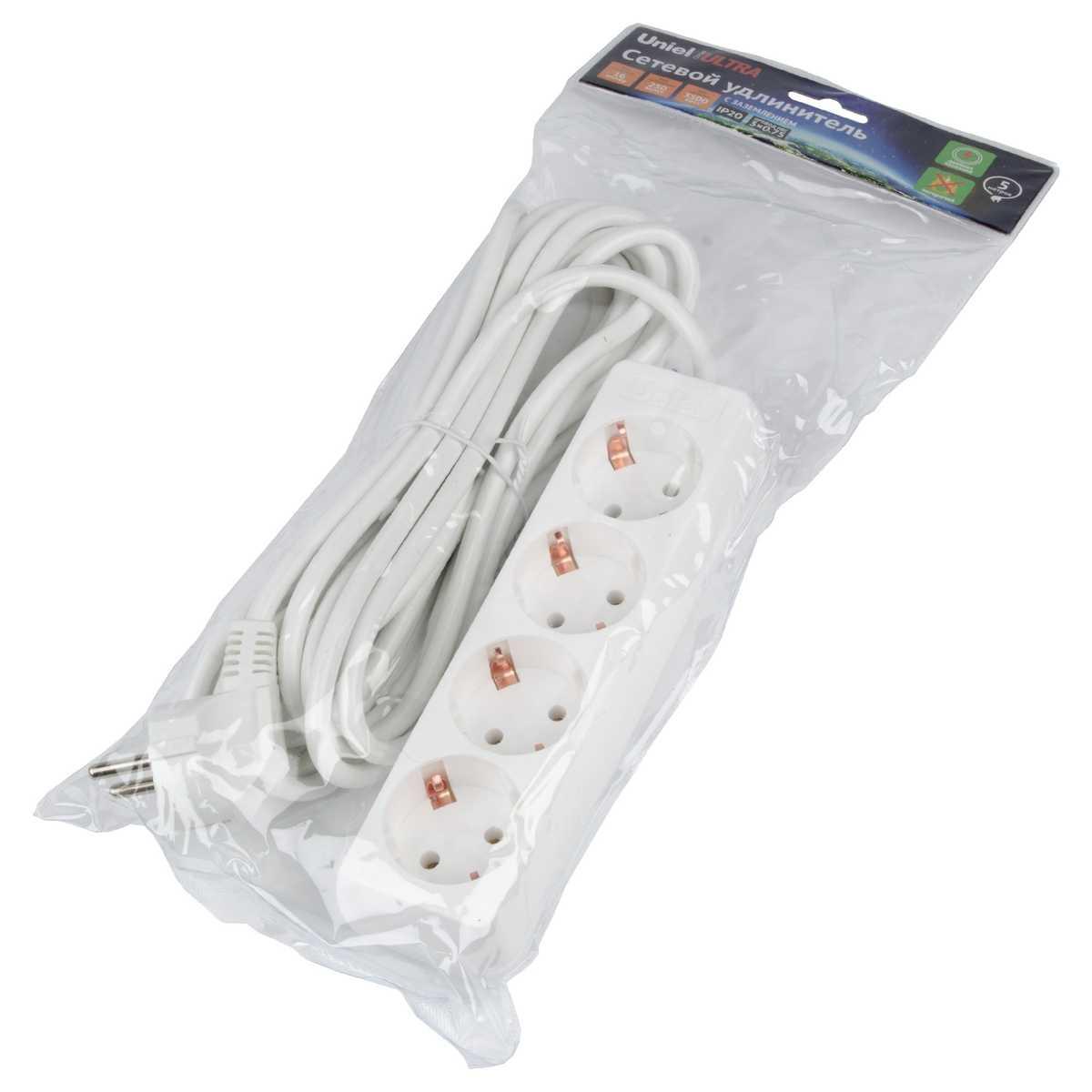 фото удлинитель uniel 4гн х 5м с/з s-gcu4-5 white ul-00010007 | 220svet.ru