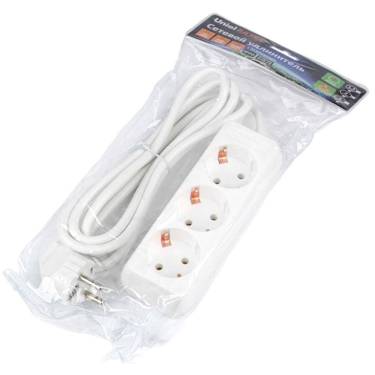 фото удлинитель uniel ultra 3гн х 2м с/з s-gcu3-2 white ul-00010000 | 220svet.ru
