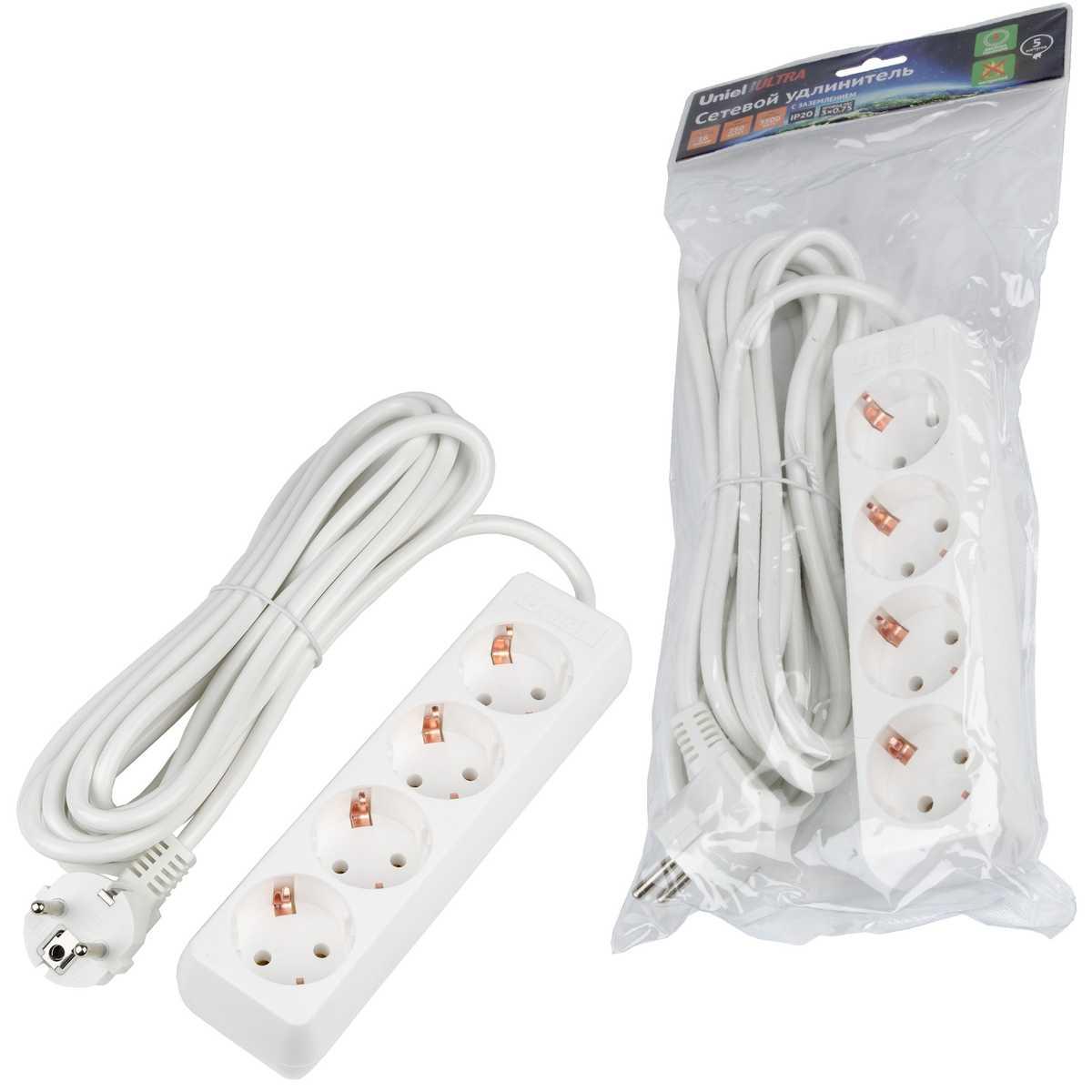 фото удлинитель uniel 4гн х 5м с/з s-gcu4-5 white ul-00010007 | 220svet.ru