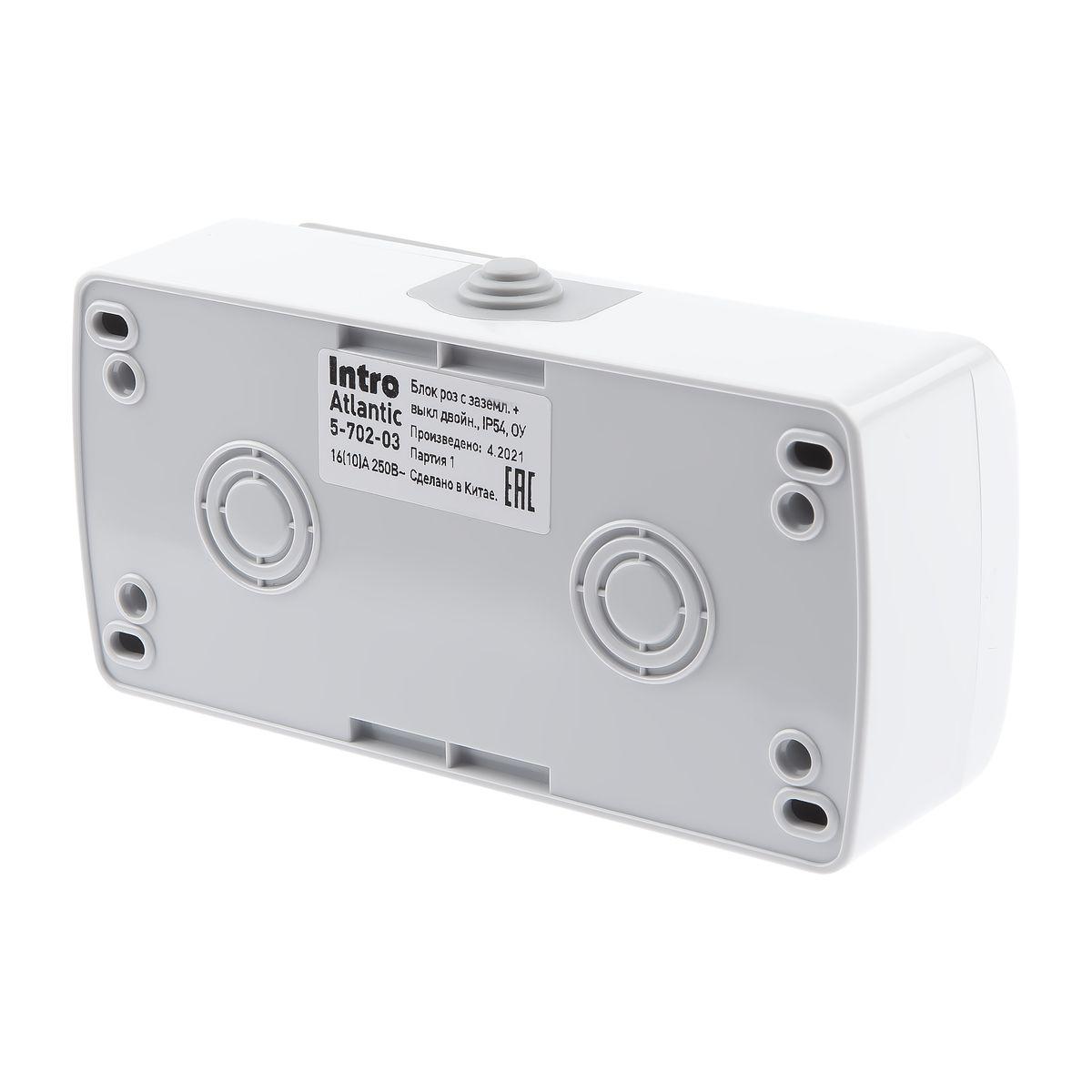 фото блок розетка-выключатель двухклавишный эра intro atlantic ip54 16/10a 250v с крышкой 5-702-03 б0050948 | 220svet.ru