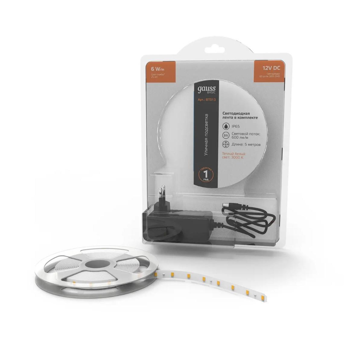 фото лента gauss 6w/m 60led/m 2835smd теплый белый 5m bt013 | 220svet.ru